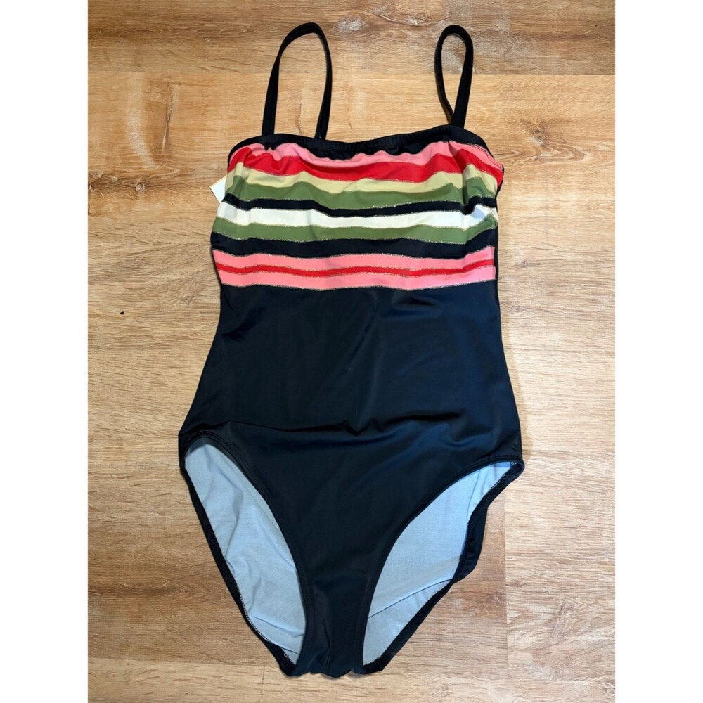 Vintage One-Piece Colorful Glitter Coral Green Gold Striped Swimsuit